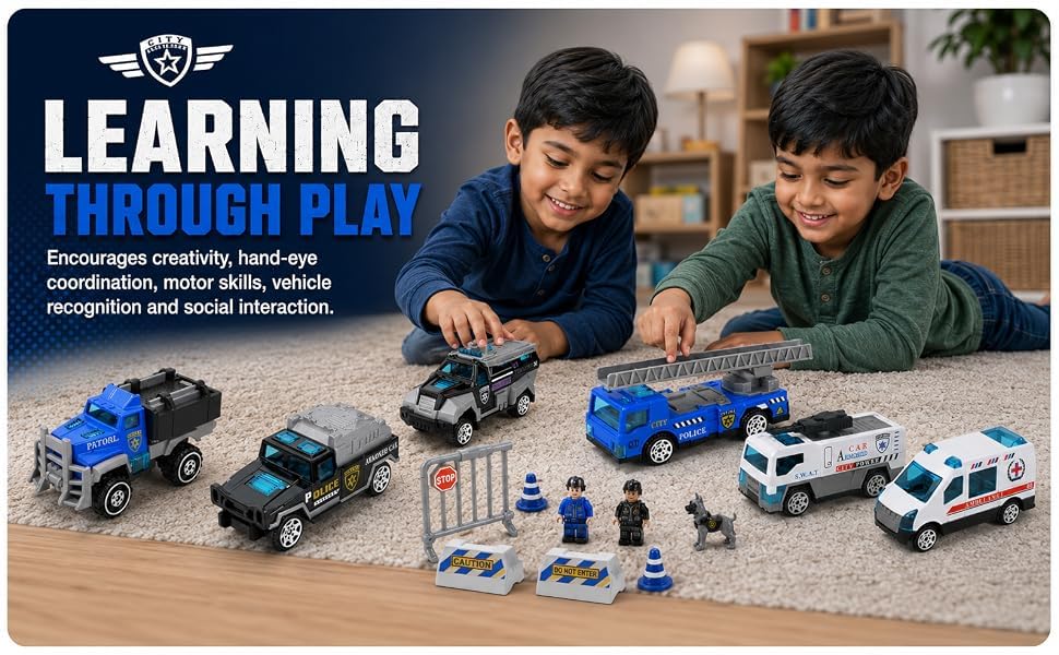 Image of City Defenders Emergency Rescue Vehicle Toy Set for Kids - 6 PCS Free Wheel Police, Fire Truck, SWAT, Armored Vehicle & Ambulance Mini Die Cast Style Toy Cars for Boys & Girls