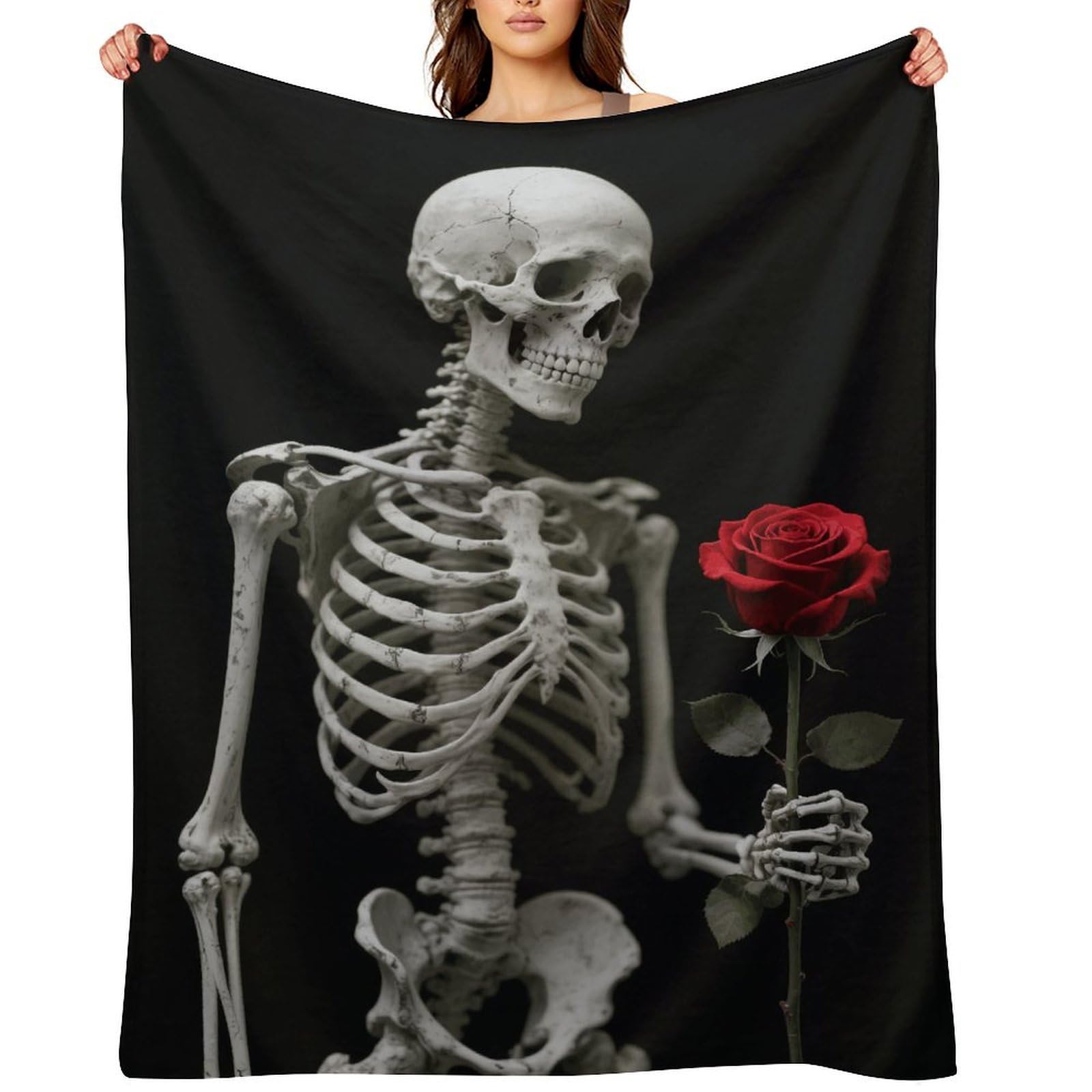 Skeleton Holding A Red Rose Throw Blanket for Couch and Bed Super Soft Warm Lightweight Throw Blankets Cozy Fuzzy Flannel Blanket Personalized Decorative Blankets for Sofa Decor 50"x60"