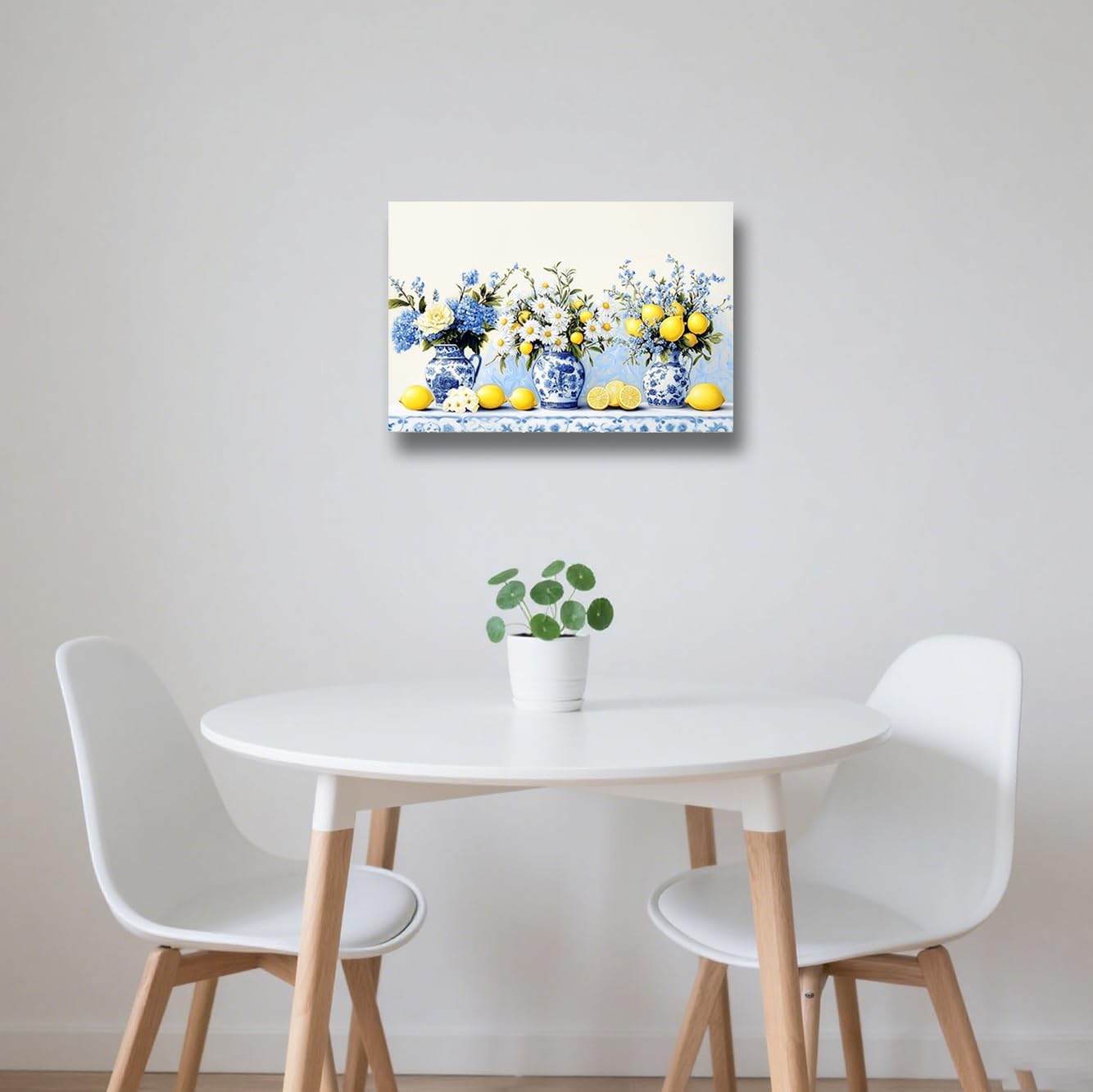 BJYCHG Lemon Pictures Wall Art Kitchen Decor Citrus Fruit Canvas Yellow Lemon Painting Blue Pottery Prints for Restaurant Dining Room Framed (White, 12L x 18W)