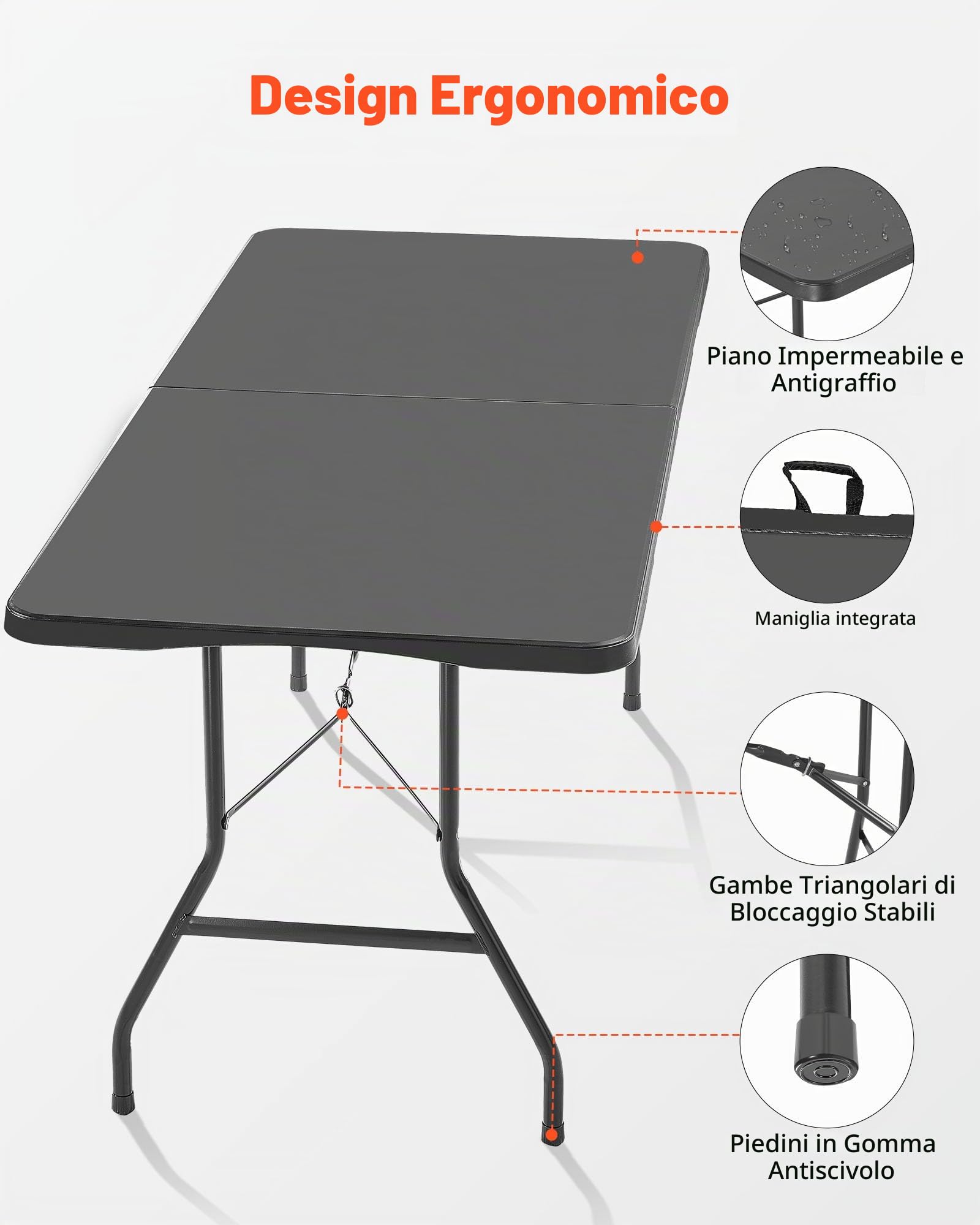 VEVOR Tavolo Pieghevole a Metà, Tavolo in Plastica Resistente Portatile e Rettangolare da 1800x740x740 mm, per Interni ed Esterni con Maniglia Integrata, per Feste, Cene, Picnic, Bianco