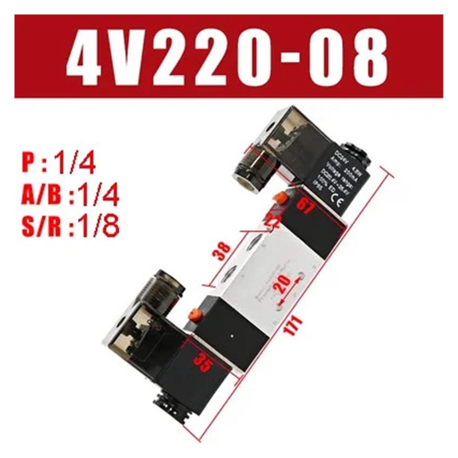 Electroválvula 220V Neumática 4V220-08 Aire 5 Vías 2 Posiciones Bobina