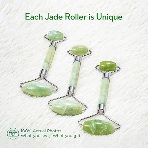 Miniatura 4 de Kimkoo Juego de rodillos de jade para la cara 3 en 1 Con herramienta para masaje facial Piedra de jade 100% auténtica natural Rodillo facial