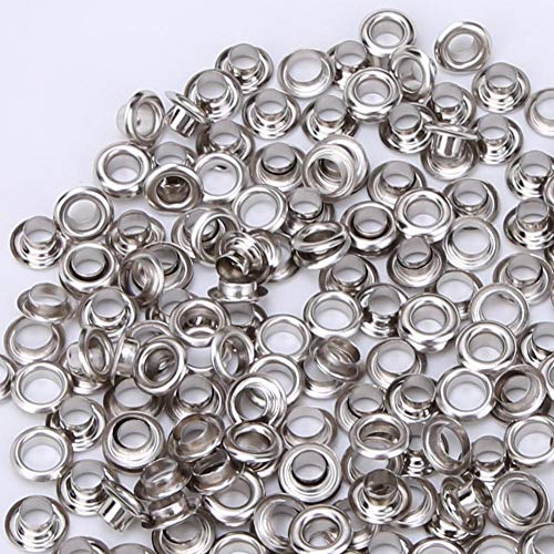 Zerodis 100 Sets Grommets Eyelets, 4MM Brass Eyelets Solid Metal Antique Style Eyelet Repair Replacement with Gasket Kit(Silver)