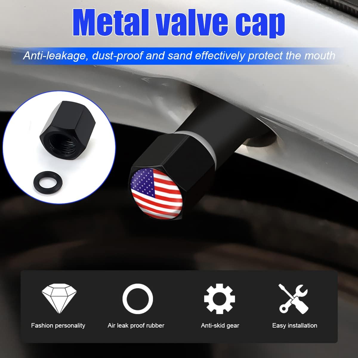 4 Pack American Flag Tire Valve Stem Caps, Air Covers, Red image 3