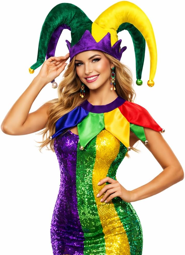 PMU Mardi Gras Hats Men and Women Jester Hat Purple Green and Yellow Headwear for Mardi Gras Themed Parties