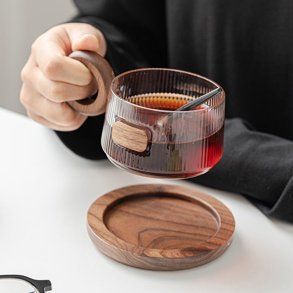 Dxcaicc Glass Coffee Cup 9 Oz Set, 250Ml Tea Cup with Handle, Clear Juice Cup with Wooden Saucer, Heat-Resistant Water Cup Set with Spoon,A