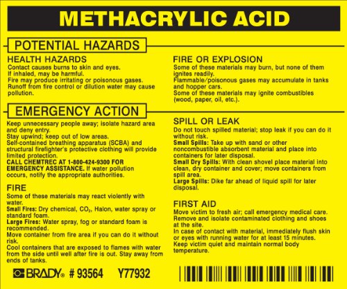 Étiquette acide méthacrylique vinyle jaune Brady 93564 pour produit dangereux
