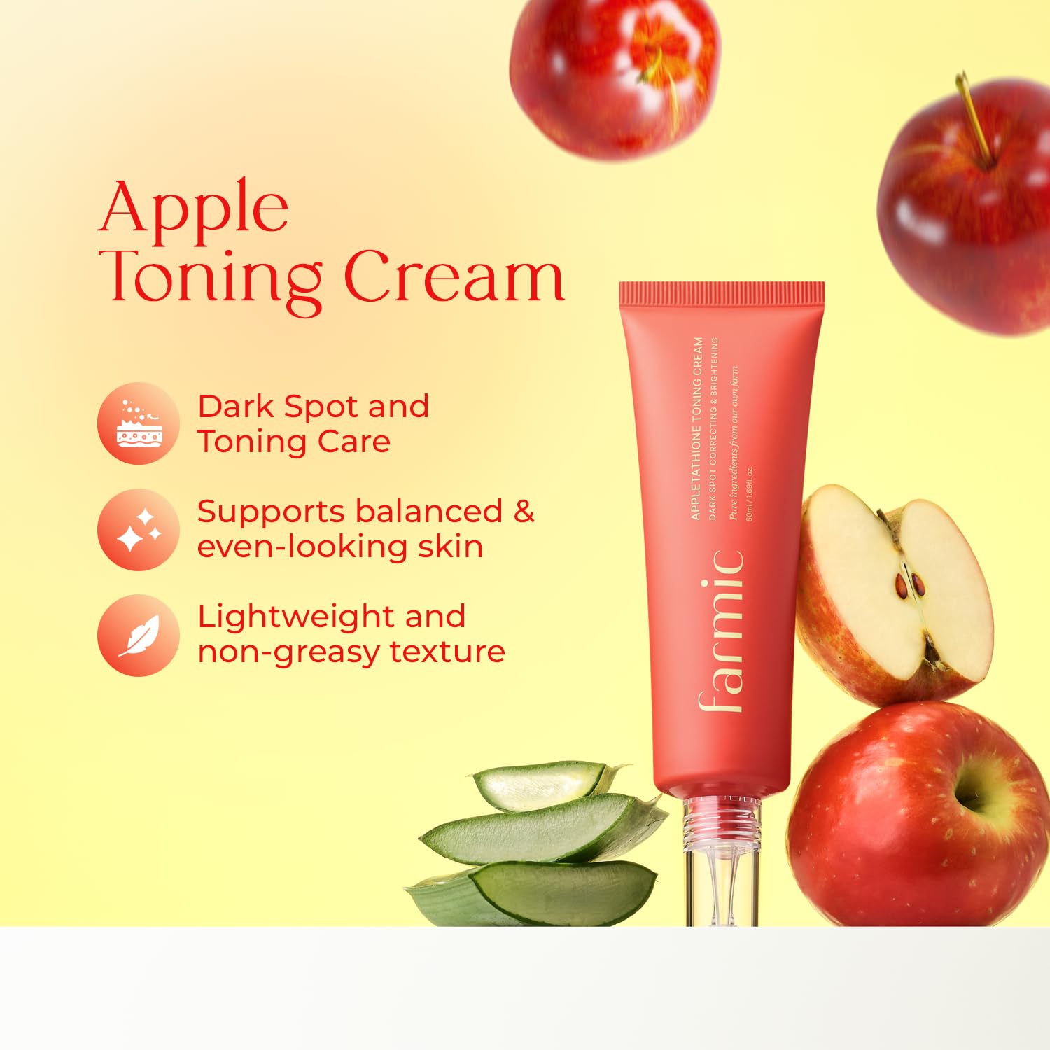 FARMIC Appletathione Toning Cream for Dark Spots Correcting & Uneven Tone care with Apple+Glutathione, Niacinamide & Hyaluronic Acid, 50ml/1.69fl.oz : Beauty & Personal Care