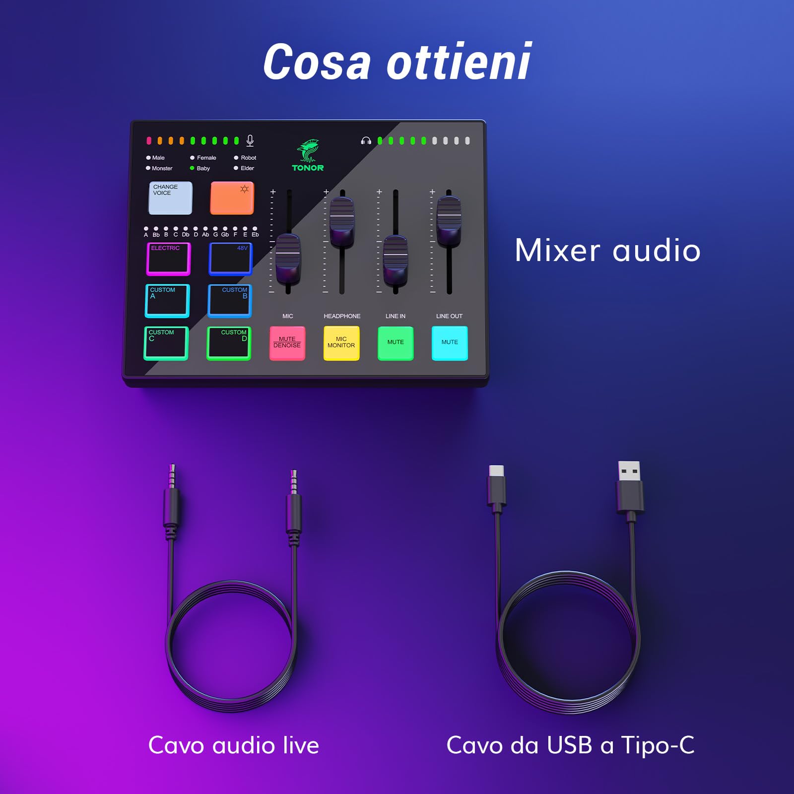 TONOR Gaming Audio Mixer, RGB Audio Interface con Canale XLR da 6,35 mm per Gaming,Streaming,Podcasting, Registrazione,Creazione di Contenuti,Controlli Volume Indipendenti,Ingresso Strumento, TX310