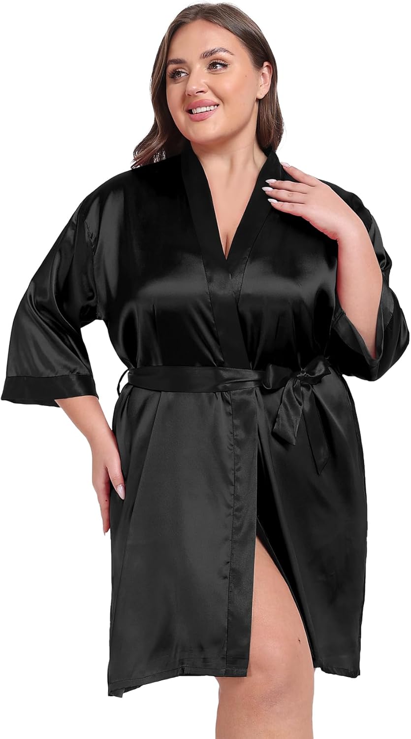 Taylor Eddie Womens Plus Size Silky Satin Kimono Robe Floral Short Bride Bridesmaid Bathrobe Soft Sleepwear