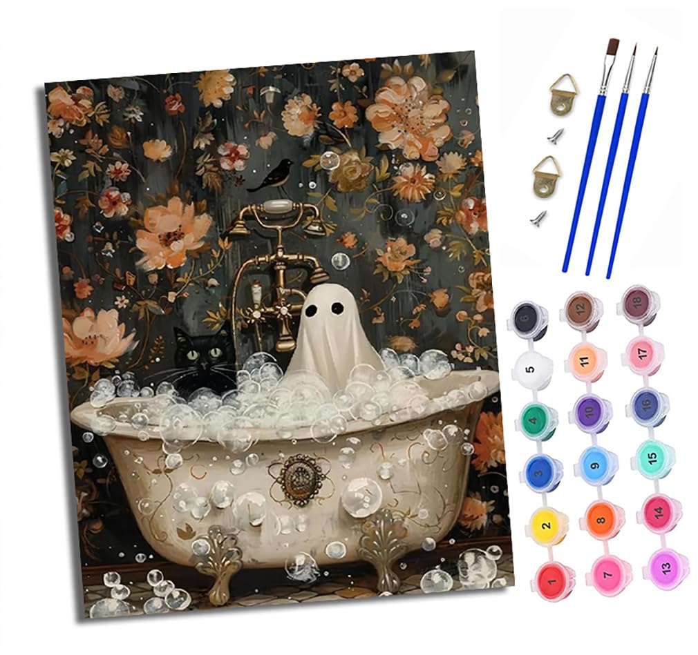 Xxhxie Paint By Numbers For Adults Painting By Number Kits On Canvas Ghost And Cat In The Bathtub Diy Craft Art Painting Kit Acrylic Pigment Drawing Paintwork For Gift Home Wall Decor 16X20 Inch/40X50cm