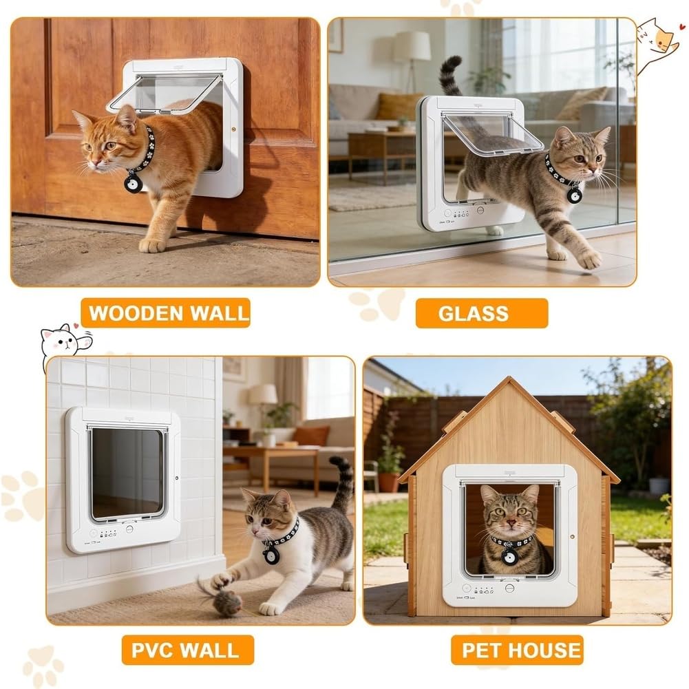 Intelligente Katzenklappe mit 4 Halsband-Sensor-Schlüsseln, RFID-Katzenklappe, die mit Fernbedienung Aktiviert Wird, 4-Wege-Verriegelung