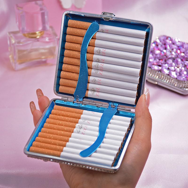 Bling Cigarette Case Box, Double Sided Clip Open Pocket Portable for Women, for Regular Size 70s, King Size 84s, Purple