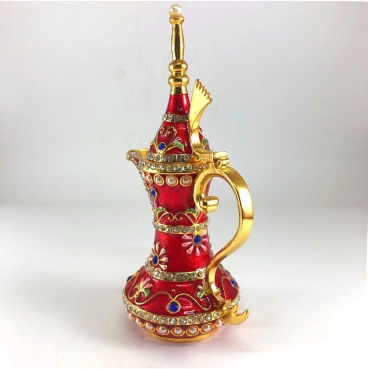 Ornate Brass Pitcher Red and Gold Jeweled Decorative Ibrik Traditional Turkish Design Table accent piece Vintage Style Home Decor - Red, One Size