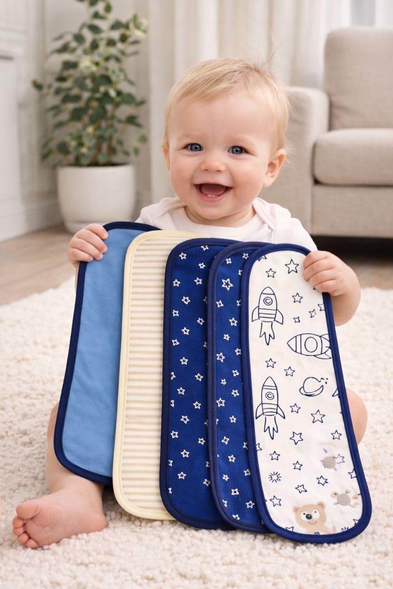 TuddyBuddy Baby Burp Cloth Towel Napkins for Baby Large 17x6 Inches, Fine Double Layer 100% Cotton (Pack of 5, Blue Rockets, 50X20 Cms) 1