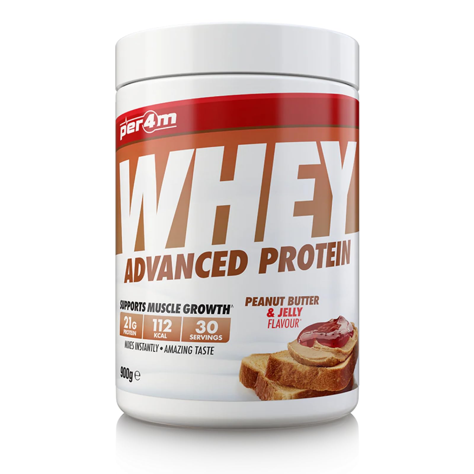 per4mProtein Whey Powder | 30 Servings of High Protein Shake with Amino Acids | for Optimal Nutrition When Training | Low Sugar Gym Supplements (Peanut Butter & Jelly, 900g)
