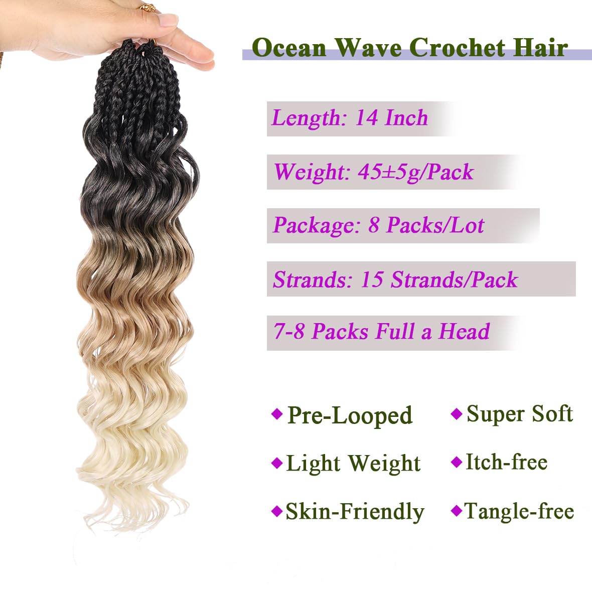 Kachanaa 14 Inch Pre Looped Ocean Wave Crochet Hair 8 Pack Curly Boho Ocean Braids Ombre Pre Twisted Synthetic Deep Wavy Twist Hair 1B27613# - Image 3