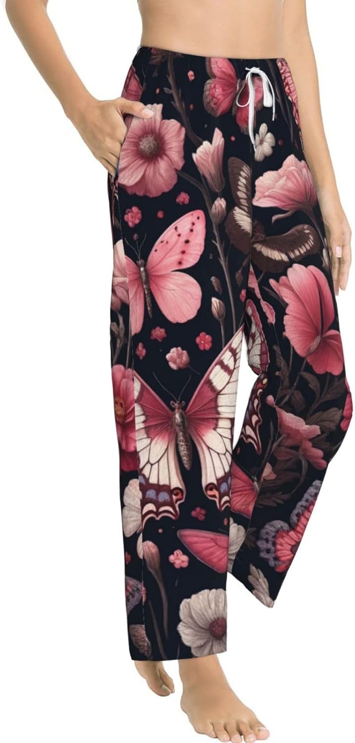 Women'S Dark-Floral-Flowers-Butterflies Fleece Pajama Pants, Cozy Flannel Lounge Bottoms For Women