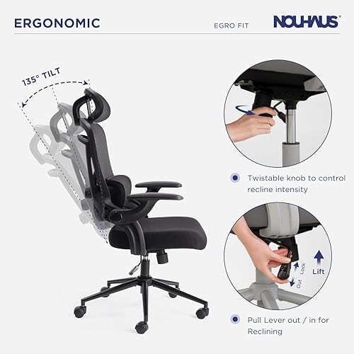 Miniatura 5 de Nouhaus Ergo Fit - Silla de oficina ergonómica de malla, respaldo alto, soporte lumbar ajustable, reposacabezas y reposabrazos abatibles ajustables,