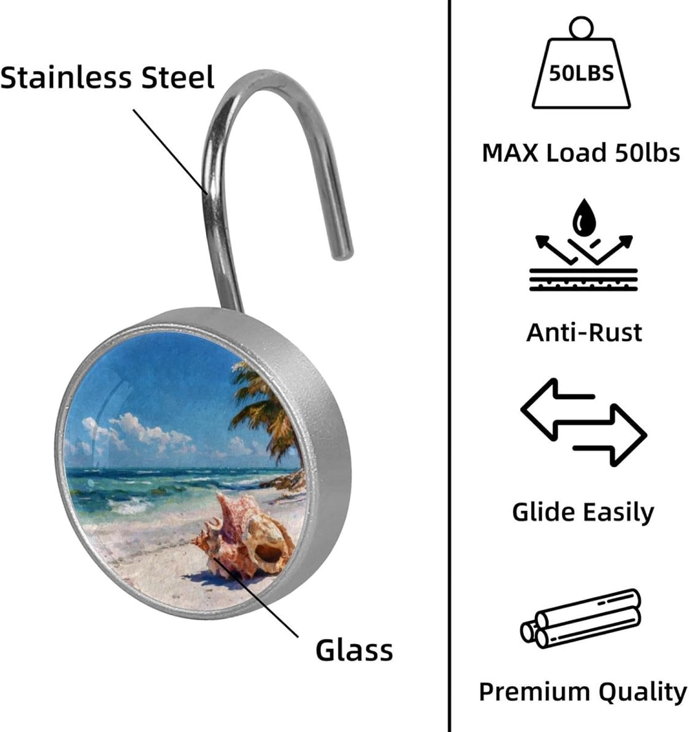 12PCS Conch Beach Seaside (2) Shower Curtain Hooks Metal Rust Resistant Decorative Shower Curtain Hooks Bathroom Decorations