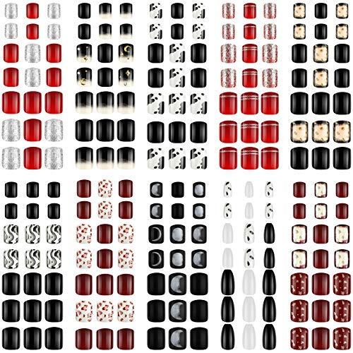 240 Pieces 10 Boxes Short Square False Nails Colorful Press on Nails Full Cover Glossy Artificial Fake Nails Fake Fingernail Artificial Nail Tip for Women Girls Home Salon DIY Nail Art Decoration