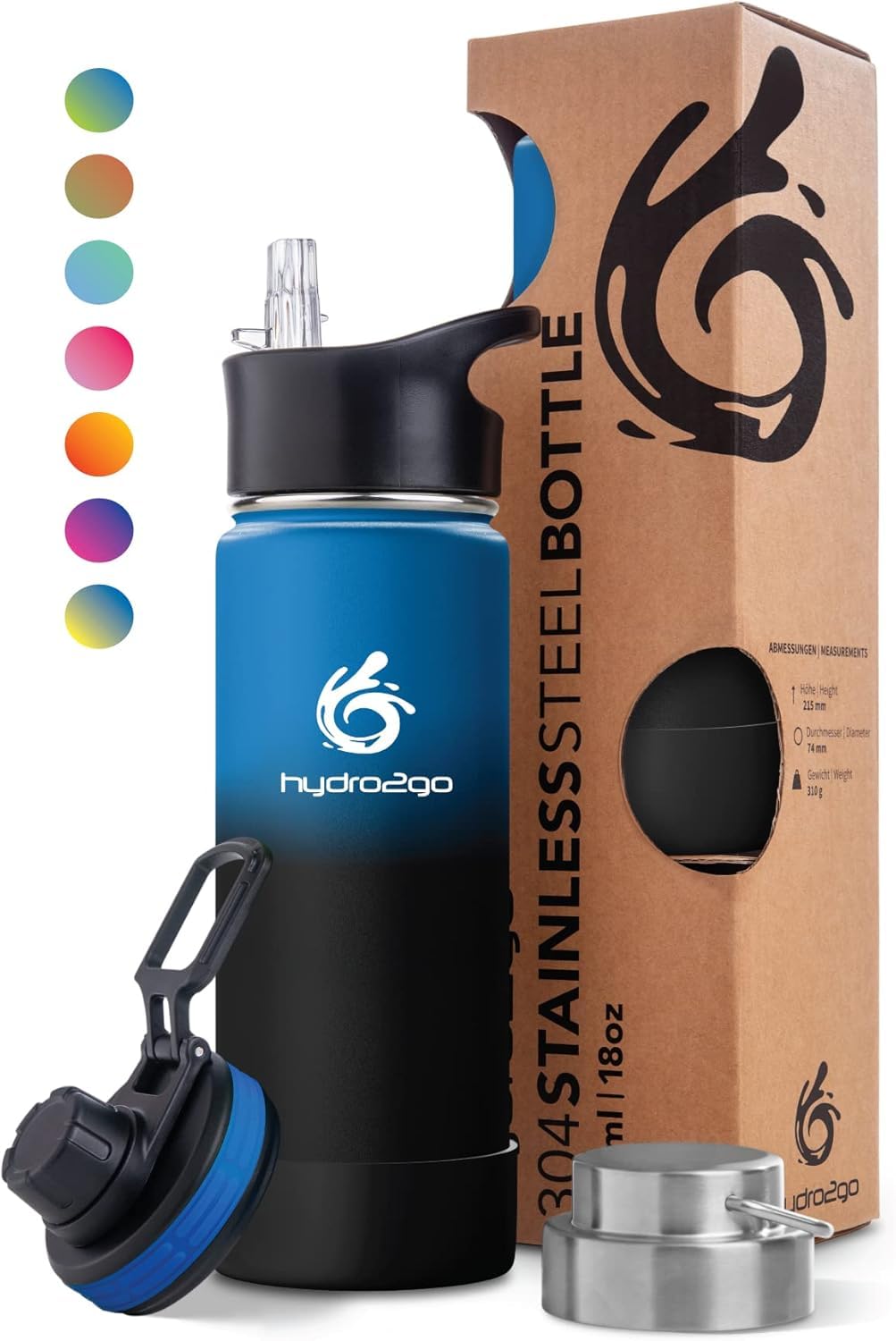 hydro2go Roestvrijstalen Fles 530 ml (water bottle) – BPA-vrij, 3 drinkdoppen, houdt 12u warm & 24u koud – voor kinderen, school & sport (Passion
