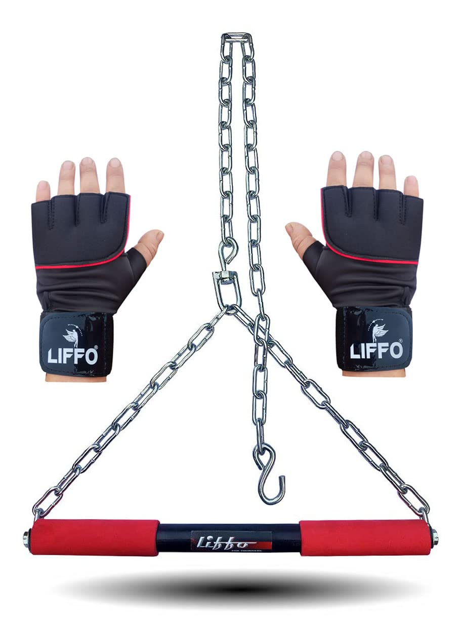 liffo® pull up bar height increasing chain hanging rod heavy duty exercise, fitness, chin-up bar with weight lifting gloves (red) 4ft