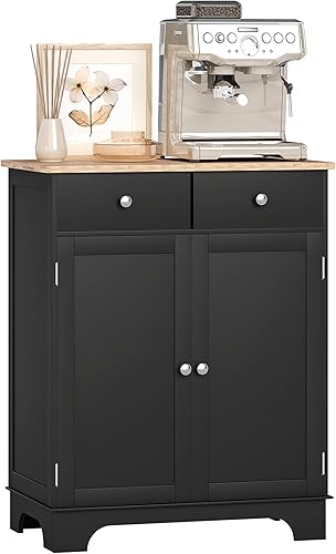 HOMCOM Aparador con encimera de madera maciza, gabinete de almacenamiento de cocina moderno, gabinete de barra de café con 2 cajones, puertas y