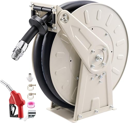 VEVOR Fuel Hose Reel, 1" x 33', Extra Long Retractable Diesel Hose Reel, Heavy-Duty Carbon Steel Construction with Automatic Fuel Nozzle, NBR Rubber Hose for Aircraft Ship Vehicle Tank Truck, 300 PSI