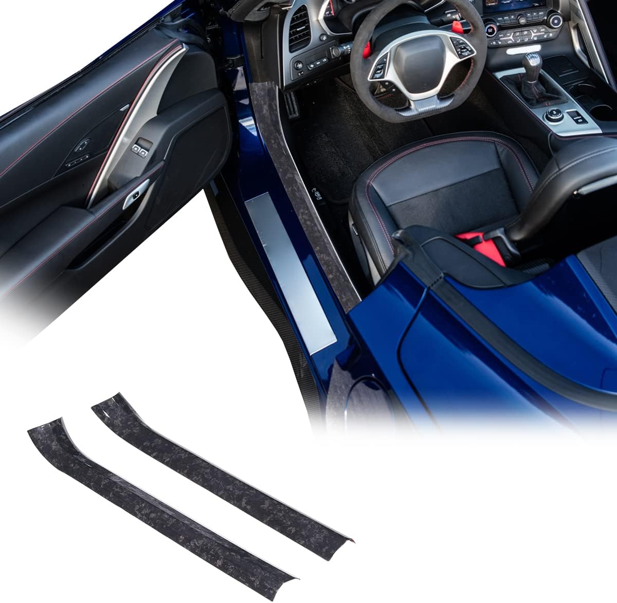 Car Door Sill Trim Guard Compatible with Corvette C7 Stingray 2014-2019 Real Carbon Fiber 2PCS Inner Door Sill Anti Slip Protection Cover Trim Accessories (Black Carbon)