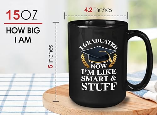 Miniatura 6 de Flairy Land Taza de café de graduación de 15 onzas, color negro, con texto en inglés Now I'm Like Smart & Stuff  Chistes graduados divertidos,