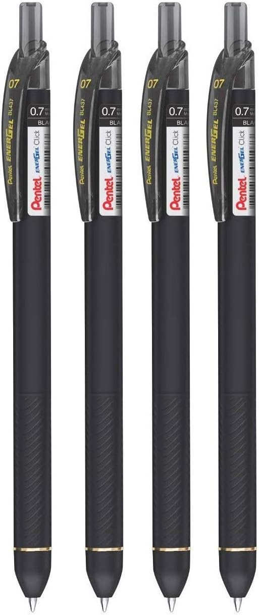 EnerGel 0.7mm Click Roller Gel Pen | Textured Grip With Retractable Mechanism | Quick Dry Ink For Smudge-Free Writing | Black Ink, Pack of 4 Pens (BL437R)
