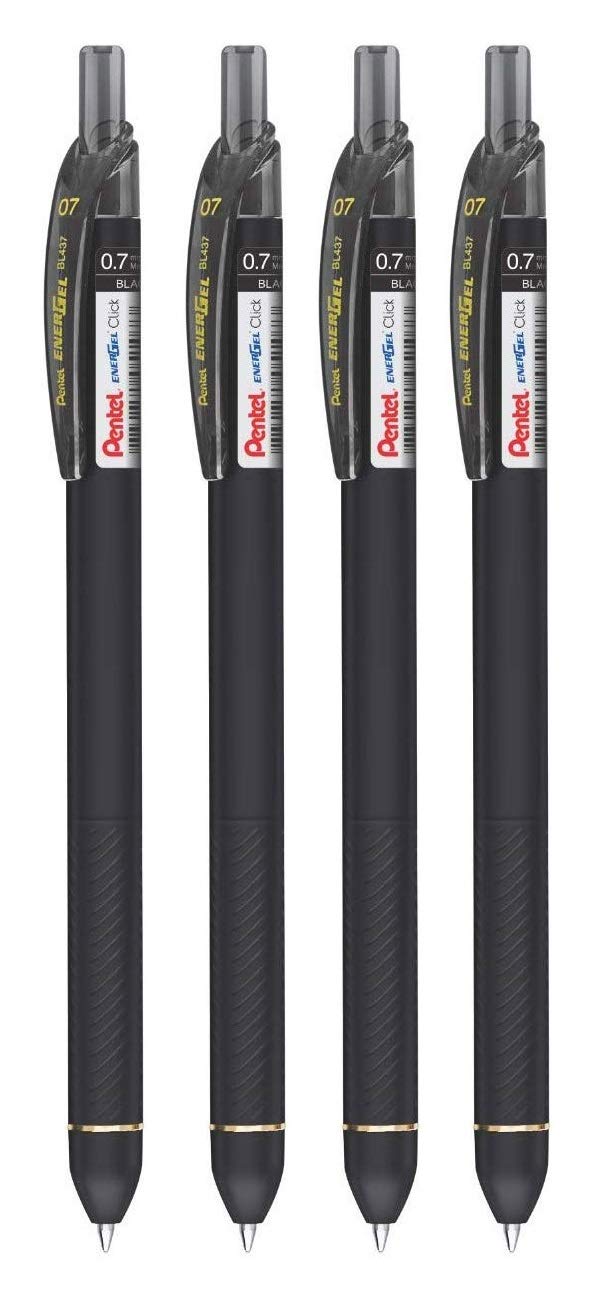 Pentel EnerGel 0.7mm Click Roller Gel Pen | Textured Grip With Retractable Mechanism | Quick Dry Ink For Smudge-Free Writing | Black Ink, Pack of 4 Pens (BL437R)
