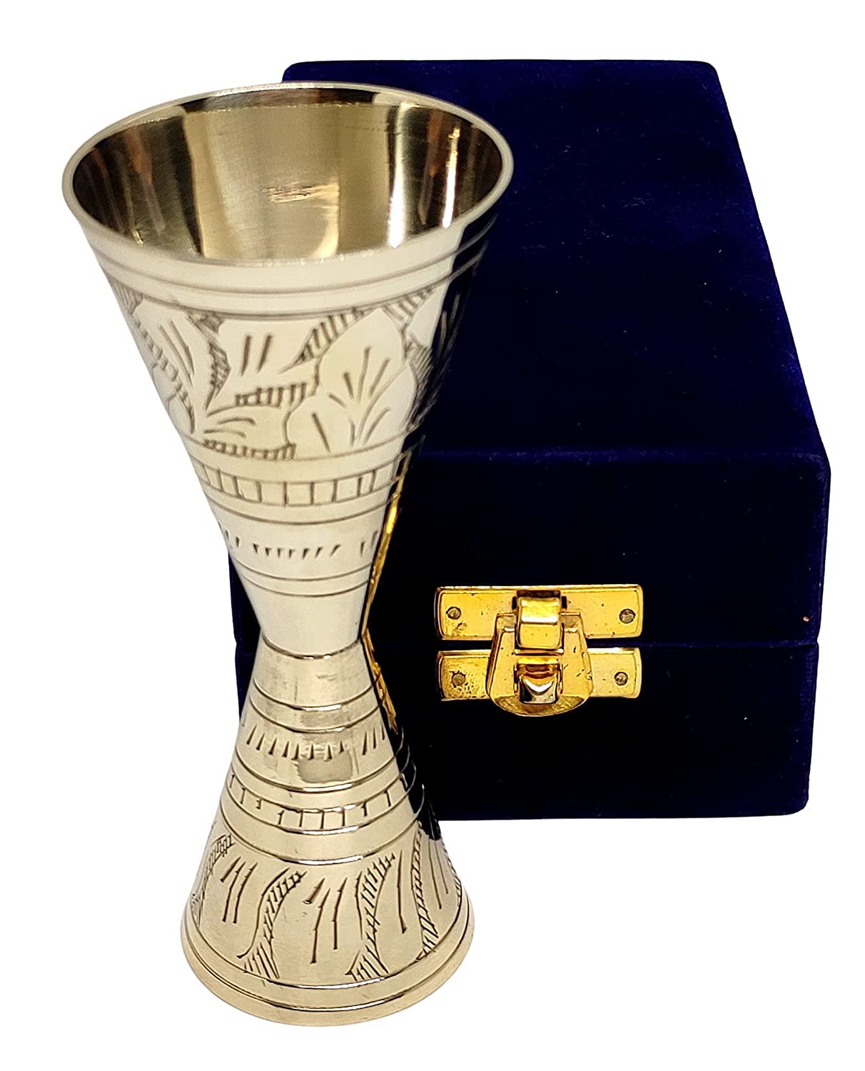 Alluring conical Peg Measure - Made of Brass, Hand Engraved Design - 30,60 ml - in a Velvet Box