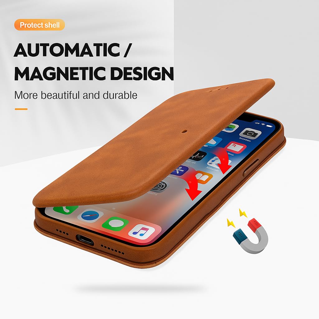 Premium Vegan Leather Phone Cover with Card Slot for iPhone 17 Pro Max, Slim Durable Flip Wallet Case with Privacy Protection, Kickstand Function, Brown