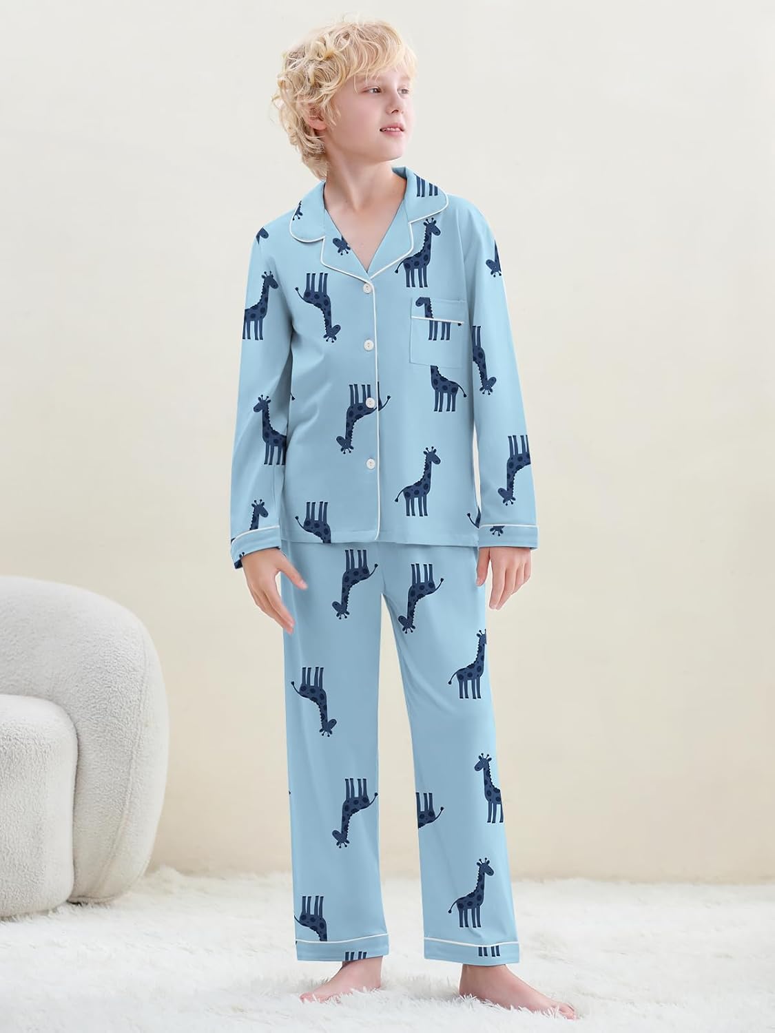 Umeyda Boys 100% Cotton Pajamas Set Kids Soft Long Sleeve Top and Pants Sleepwear 2 Pcs Button-Up Comfy Pjs Set for Ages 4-12
