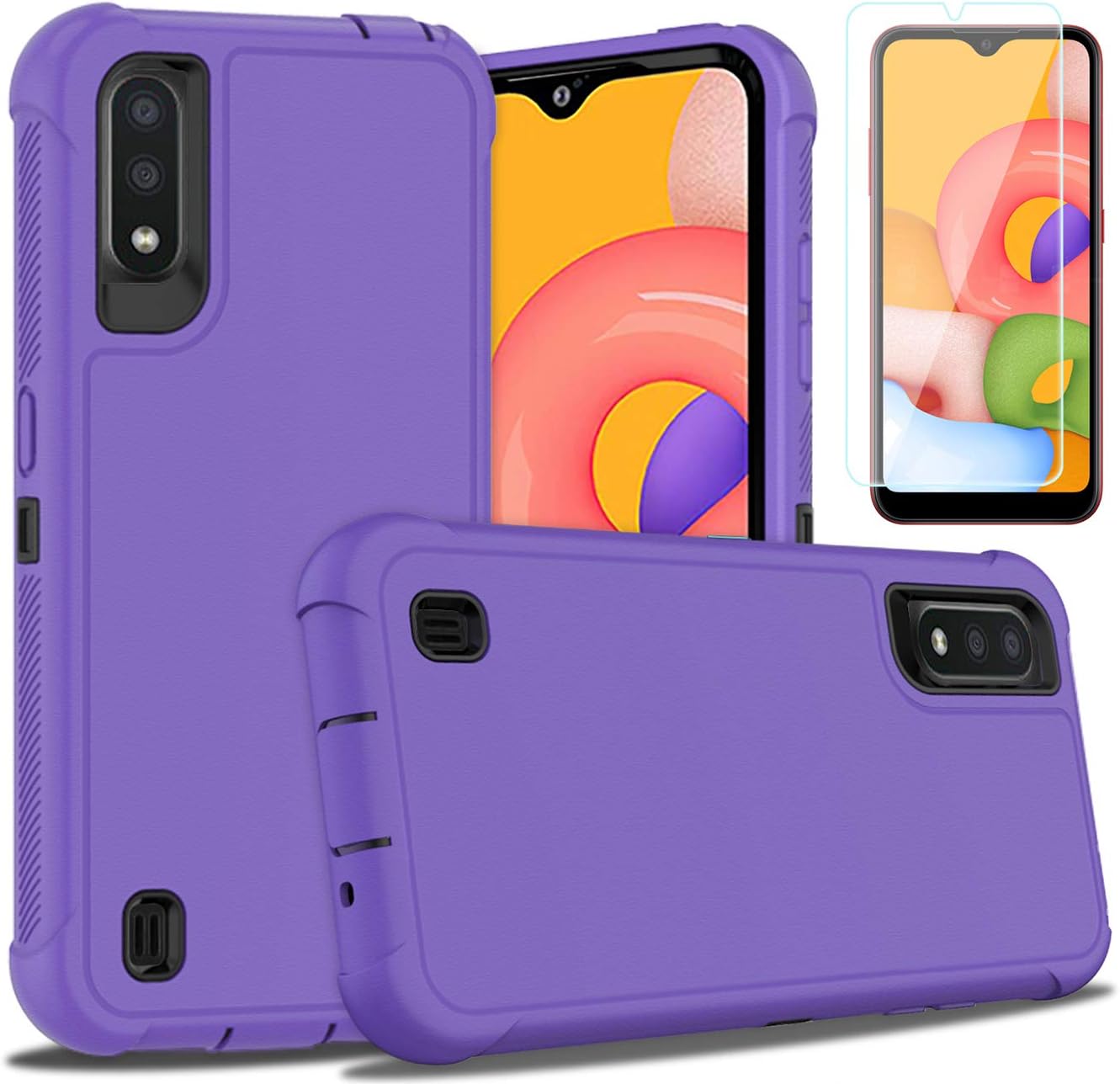PhuLok Galaxy A01 Case,Samsung A01 Case,with HD Screen Protector,Heavy Duty Armor Dual Layer Shockproof Sports Anti-Scratches Non-Slip Bumper Rugged Case for Samsung A01 (Purple/Black)