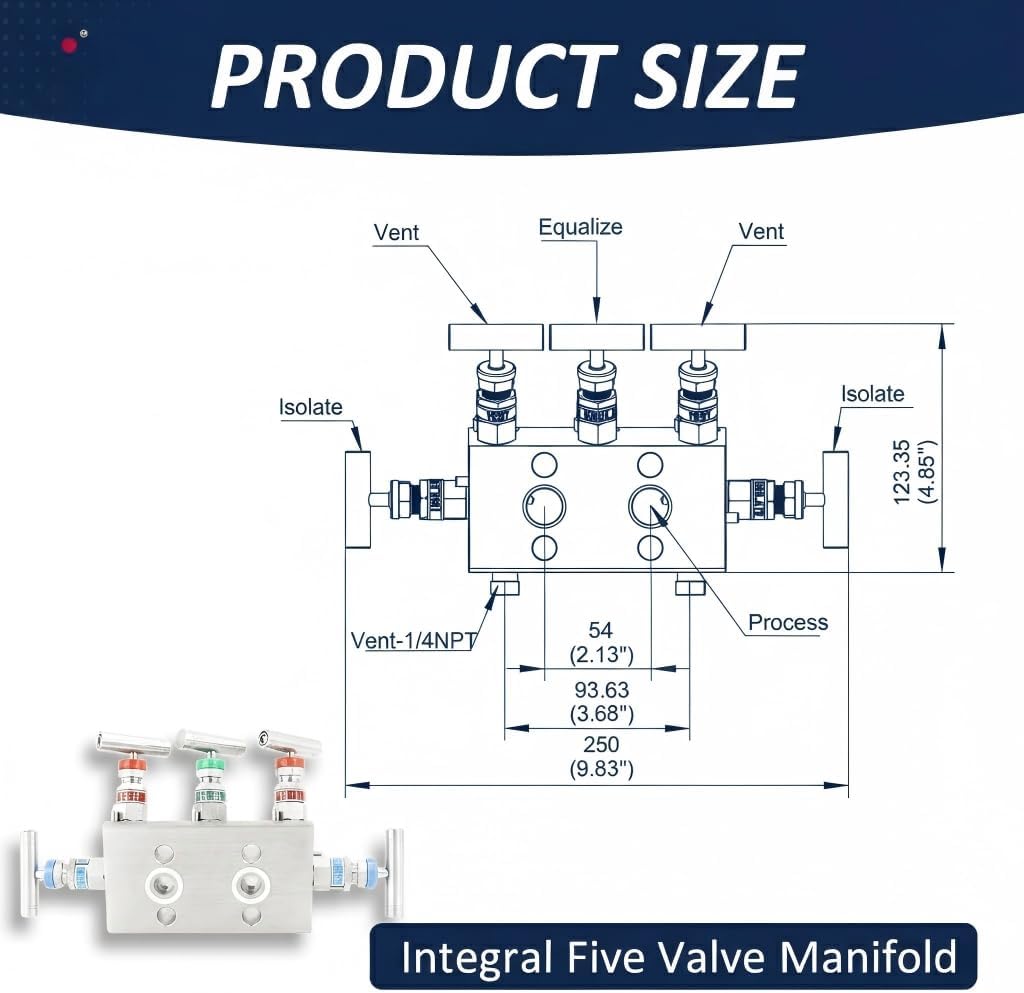 5 Valve Manifold 316 Stainless Steel 5 Way High Pressure Manifold Gas Distributor for Pressure Gauges and Pressure Transmitters