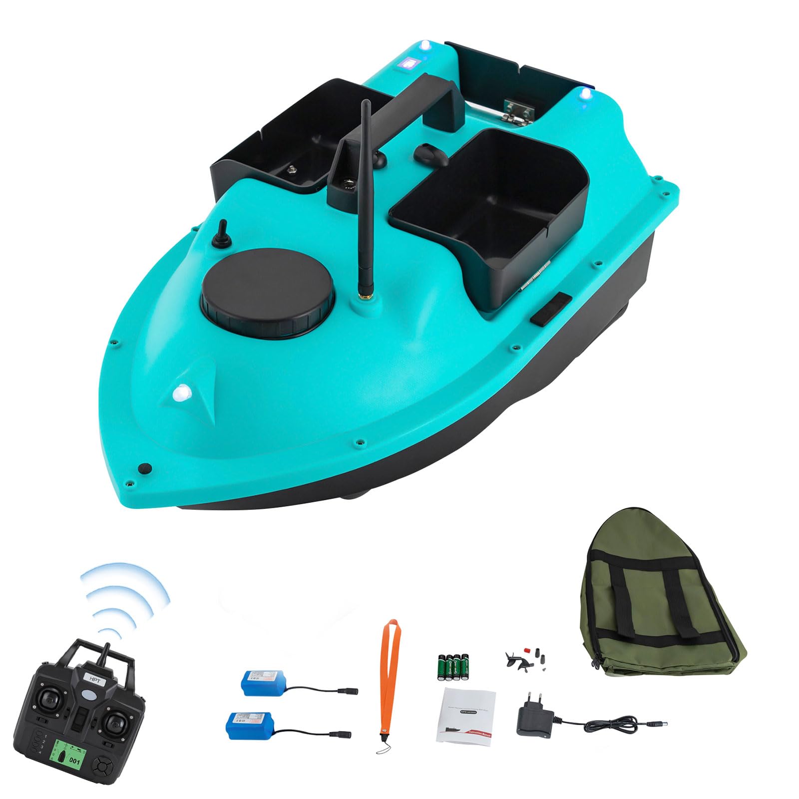 Barco de pesca teledirigido de 600 m, barco de cebo con GPS y luz LED y 3 cajas de cebo, barco de nido de pesca, control remoto con pantalla LED (azul)