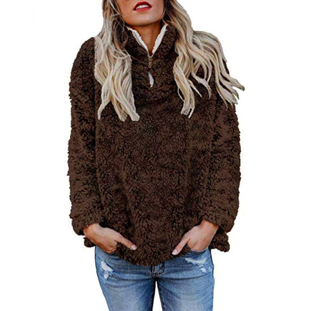 ZEFOTIM Women Warm Fluffy Winter Solid Casual Zip Up Sweatshirt Pullovers Outwear