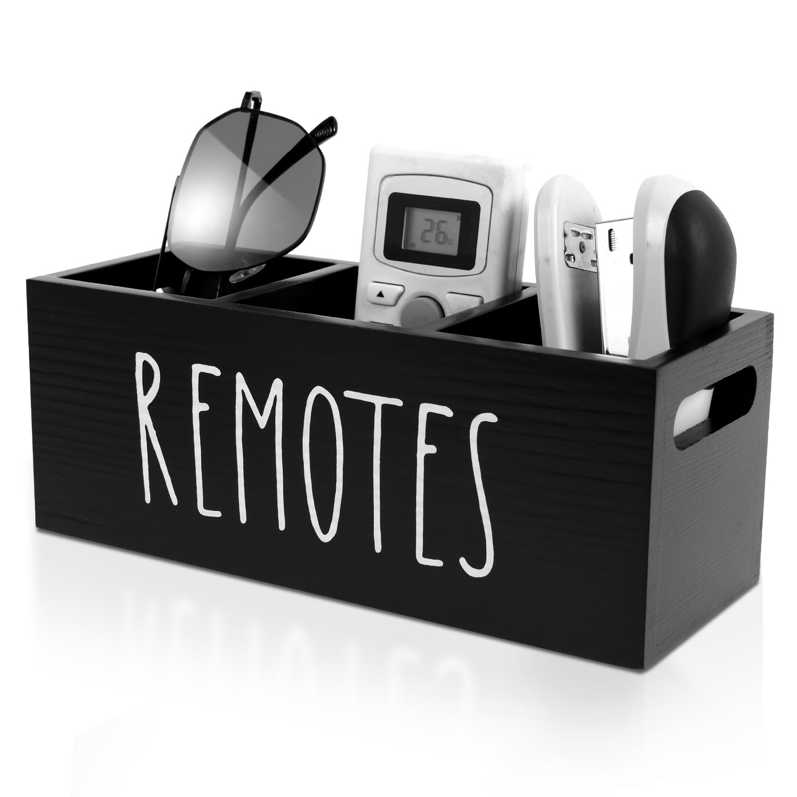 GWCYMYD Remote Control Holder with 3 Compartments Wooden TV Remote Holder TV Controller Organiser for Living Room Bedside Couch (Black)