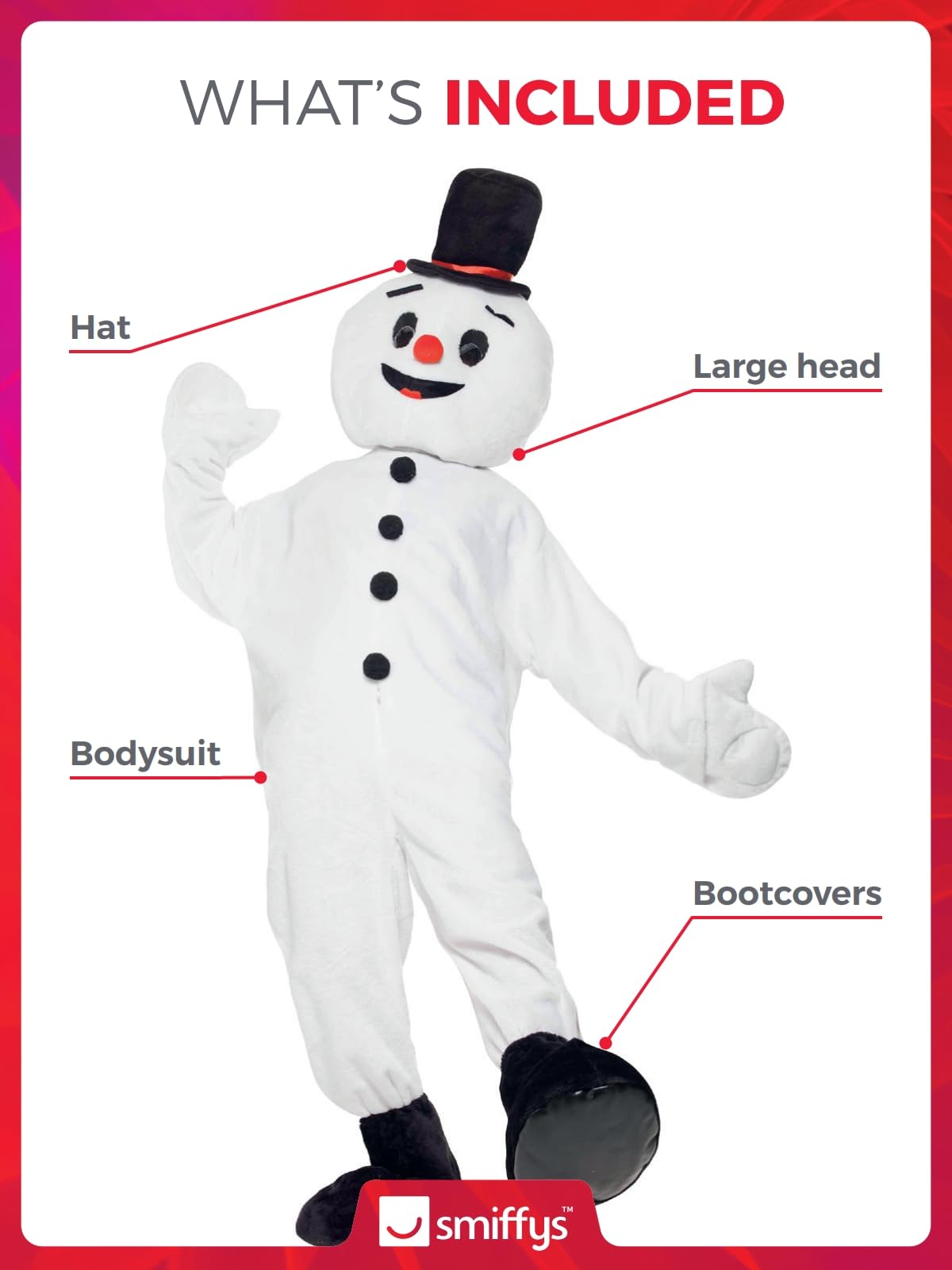Smiffys Kostüm Schneemann-Maskottchen, Weiß, mit großem Kopf, Bodysuit, Hut und Stiefelüberzügen Halloween