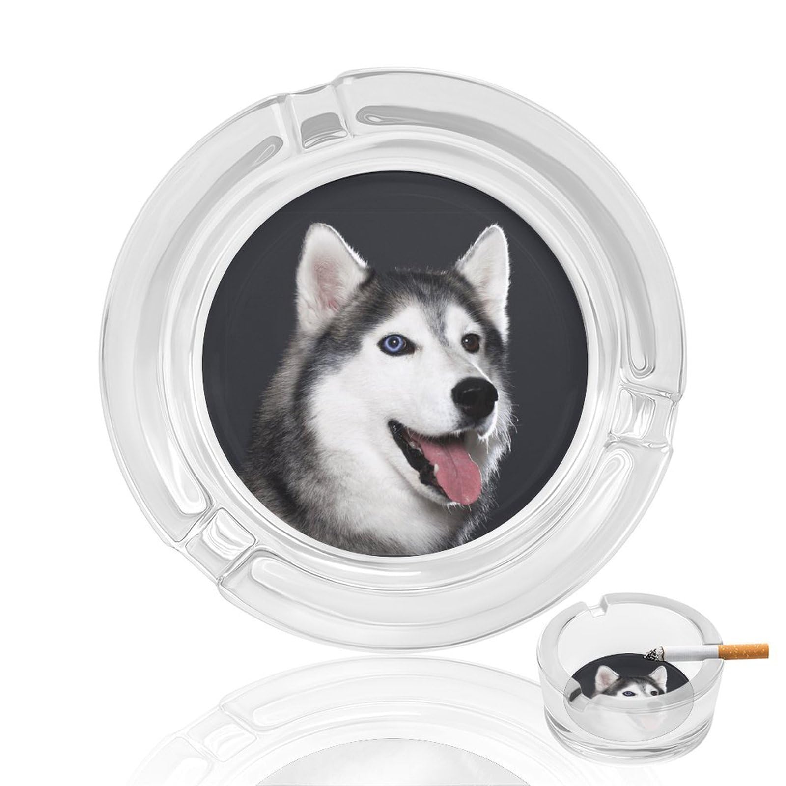 Beautiful Siberian Husky Dog Ashtray Portable Round Glass Outdoor Ash Tray for Home Office Garden Pub