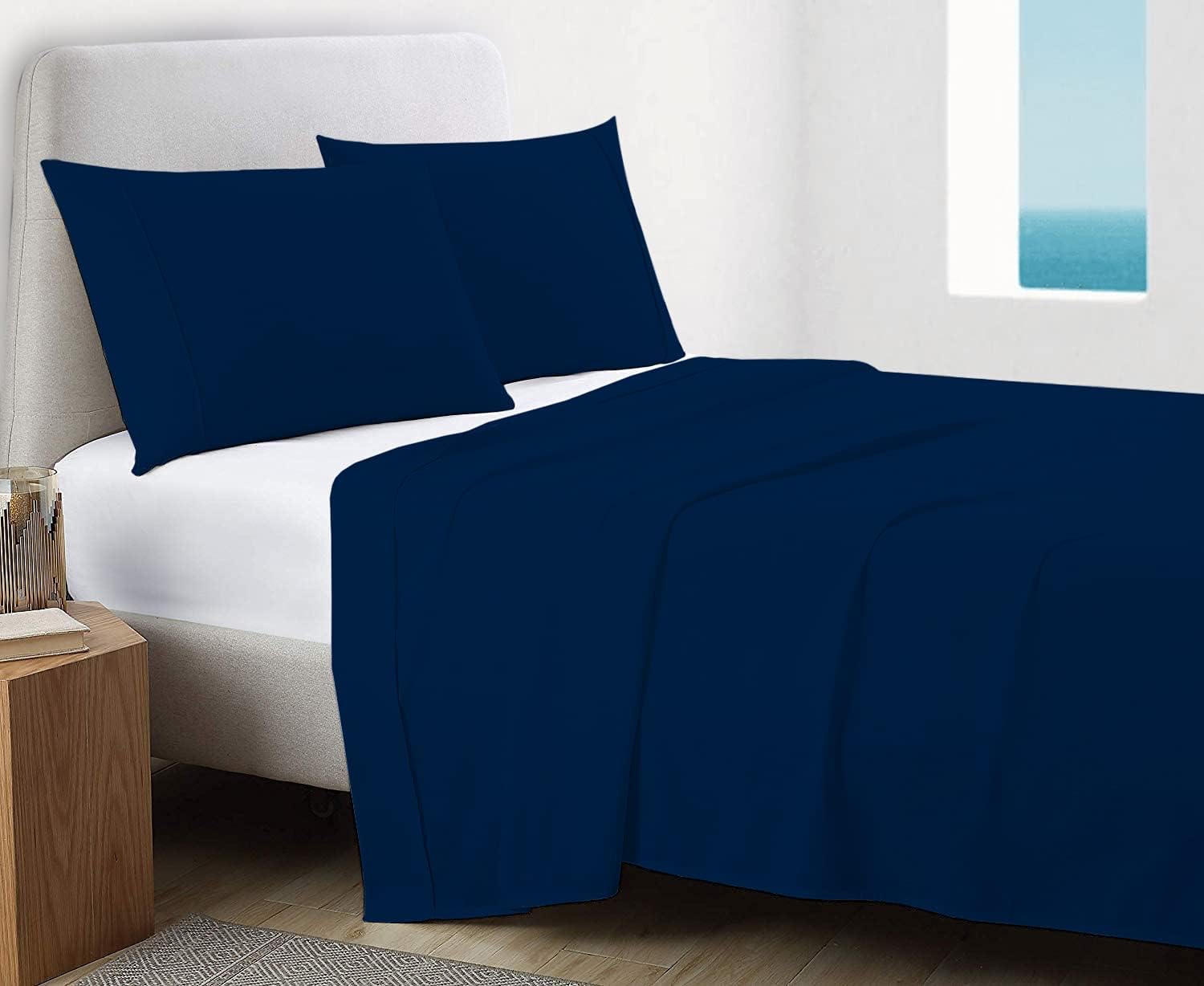 A1 Home Collections 100% Organic Cotton Flat Sheet 300 TC, Wrinkle Resistant Soft Lustrous Sateen Weave Sheets, Queen 105" x 96", Navy