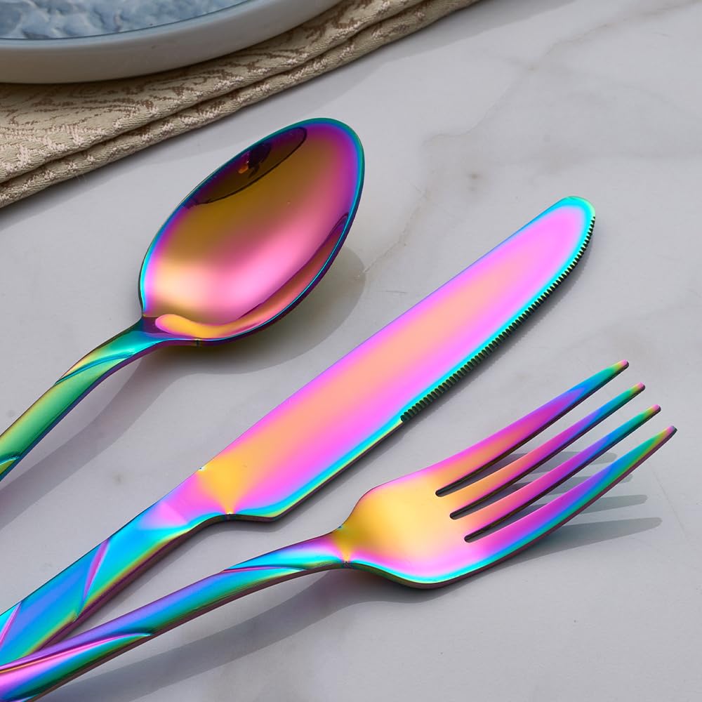 HOMQUEN Set di Posate e Posate Colorate, 30 Pezzi Set di forchette per coltelli in Acciaio Inox per 6 Persone (Arcobaleno, 6 Set