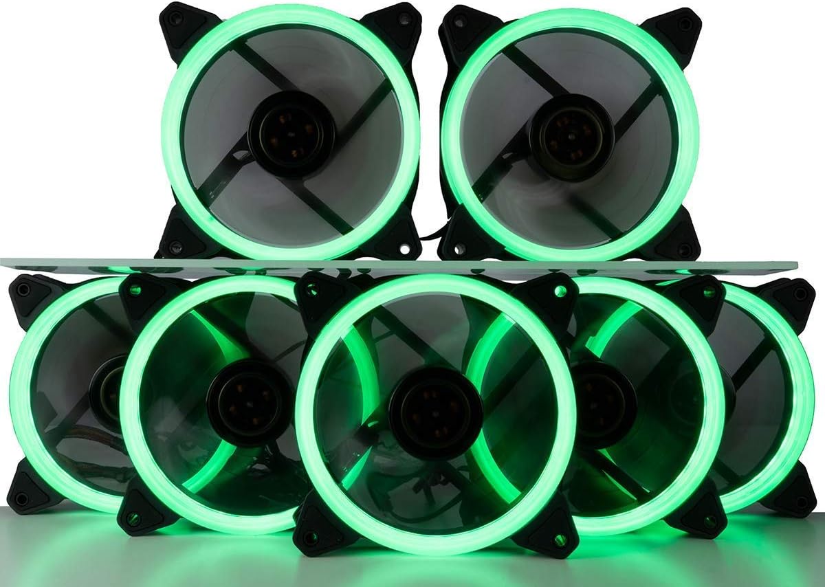 Computer Upgrade King CUK 7-Pack Green Halo 120mm LED Vibrant Color Case Fan for CPU Coolers and Radiators - High Airflow 45 CFM & Anti-Vibration Pads