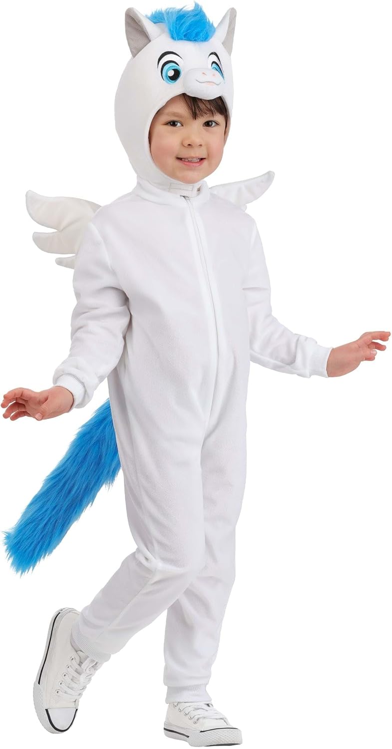 Toddler Disney Hercules Pegasus Costume White Jumpsuit with Hood Wings and Tail for Halloween Dress Up