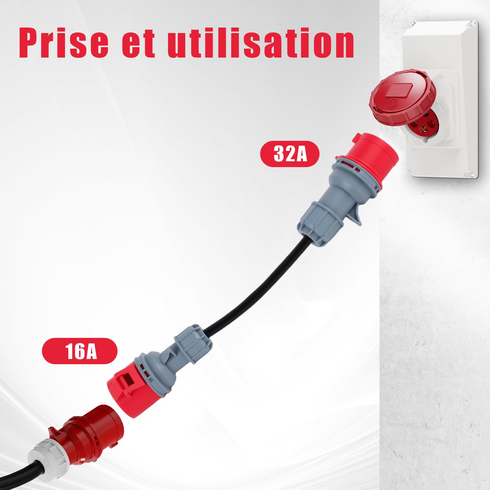 Adaptateur CEE Courant Droit 32A sur 16A, Prise de Courant Strong Câble 16A, Matière en Métal et Plastique en Métal, Durable et Sûr, IP44 Imperméable, adapté aux Ateliers, Sites