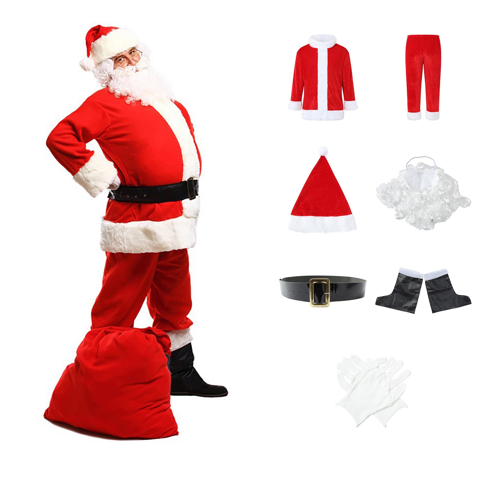 Generisch Weihnachtsmann Kostüm, Weihnachtsmann Kostüm Herren 7-Teilig Weihnachten Nikolaus Kostüm mit Gürtel, Weihnachtsmütze, Bart, Handschuhe und Nikolausstiefel Santa Claus Weihnachtskostüm