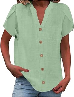 Camisas con botones y mangas de pétalo para mujer, blusa básica de color sólido con cuello 2025, camisetas casuales de manga corta para mujer, camisetas de saleclearance